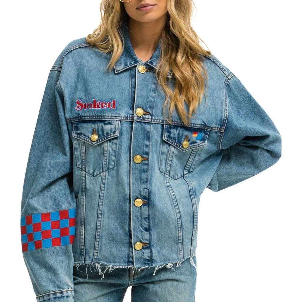 Aviator Nation Blue Denim Jacket with Yellow Smiley and Red Accents - Picture 4 of 5